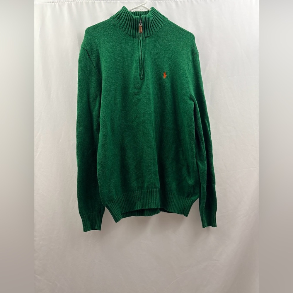 Polo Ralph Lauren Sweater Mens M Green 1/4 Zip Pullover Orange Pony Cotton - Picture 2 of 10